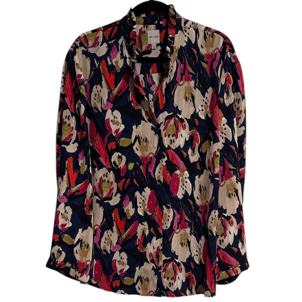 ☀️ Nic+Zoe Navy Blue and Colorful Florals Long Sleeve Blouse